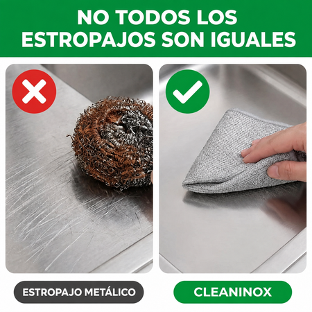 Comparación entre un estropajo metálico tradicional y Cleaninox