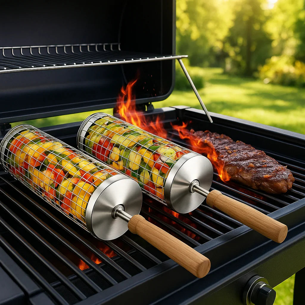Dos canastas giratorias GrillMaster de acero inoxidable para asador