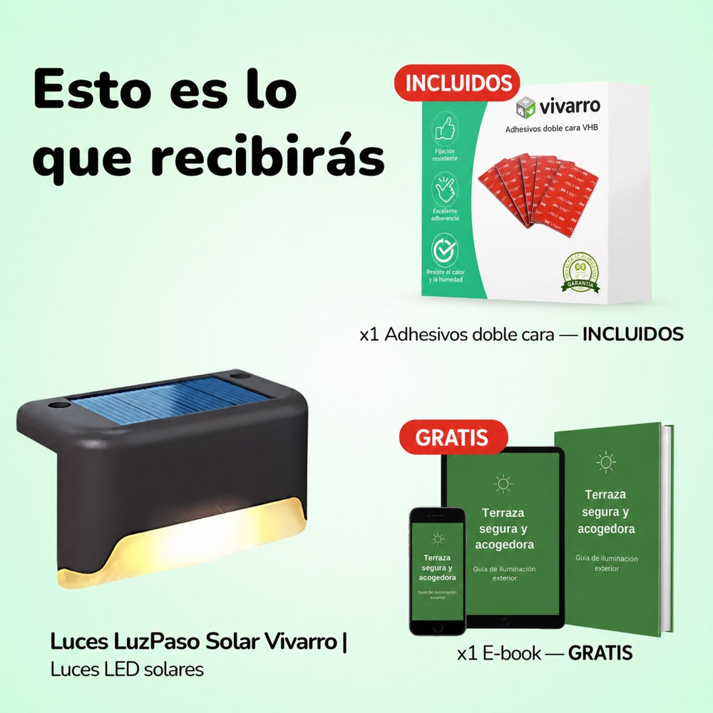 Contenido del kit LuzPaso Solar Vivarro: luces solares, adhesivos y e-book Terraza segura y acogedora